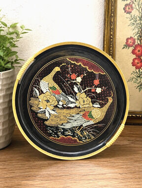 Vintage Asian Serving Tray Round Black Gold Pheasant Floral Design 12” Decorativ